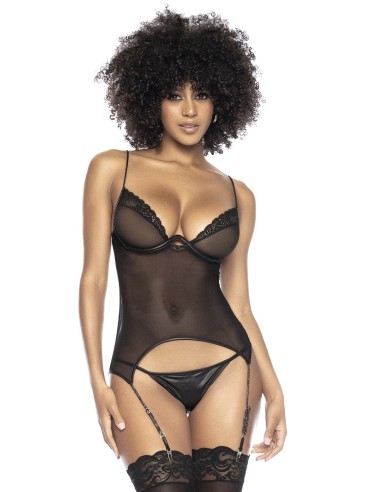 Bustier with suspender belt and black thong - MAL8802BLK