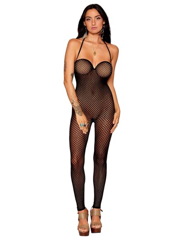 Seamless black fishnet bodystocking with wide underwire neckline - DG0471BLK