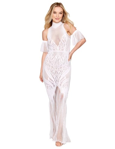 Vestido bodystocking de rejilla y encaje blanco - DG0490WHT