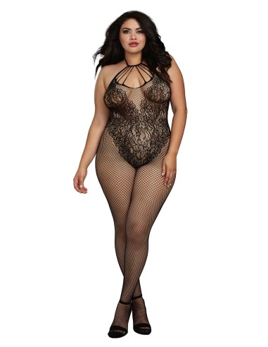 Body de rejilla de talla grande estilo body con magnífico escote de tiras - DG0326XBLK