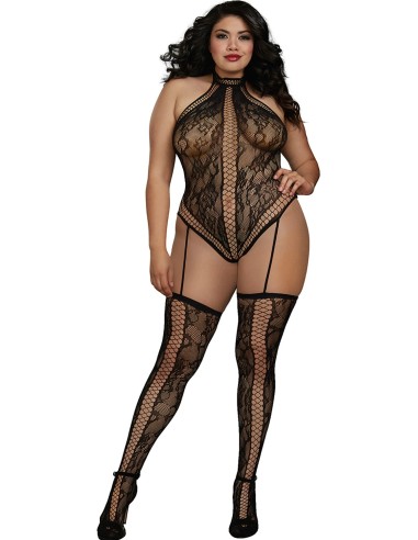 Plus Size Jumpsuit in Lace Thong Bodysuit Style with Criss Cross Detail - DG0329XBLK