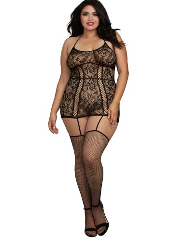 Plus size lace jumpsuit with crisscross straps at the front and back - DG0331XBLK