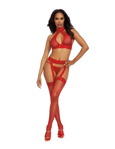 3-piece red fishnet set - DG0375RED