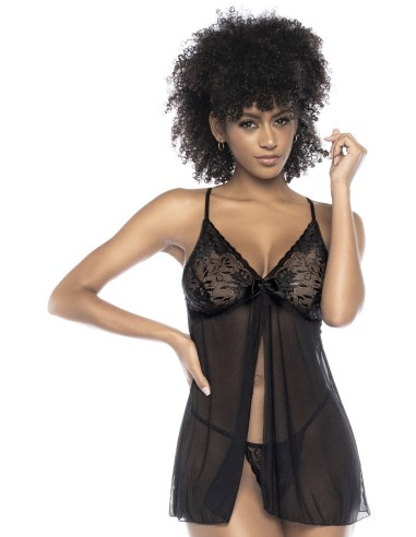 Babydoll en dentelle et résille noire ouvert sur le devant - MAL7501BLK