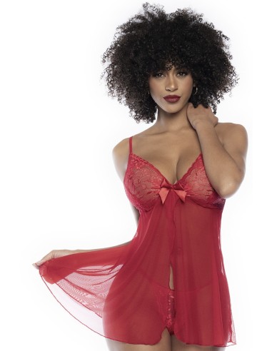 Red lace and fishnet open front babydoll - MAL7501RED