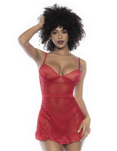 Camisón rojo de encaje y rejilla con tanga a juego - MAL7507RED