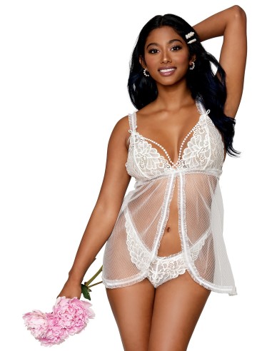 Babydoll blanco con perlas y tanga a juego - DG12834WHT