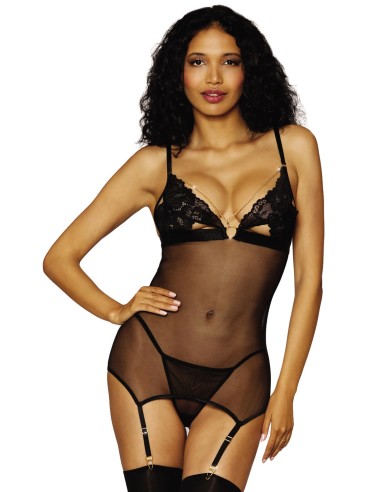 Nuisette en dentelle et résille noire avec chainette dorée amovible, porte jarretelles et string assorti - DG12712BLK