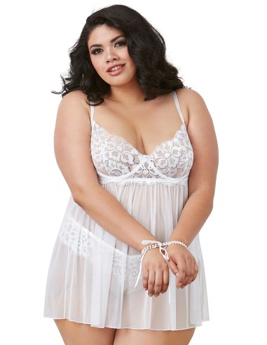 Babydoll de encaje elástico blanco de talla grande - DG11847XWHT