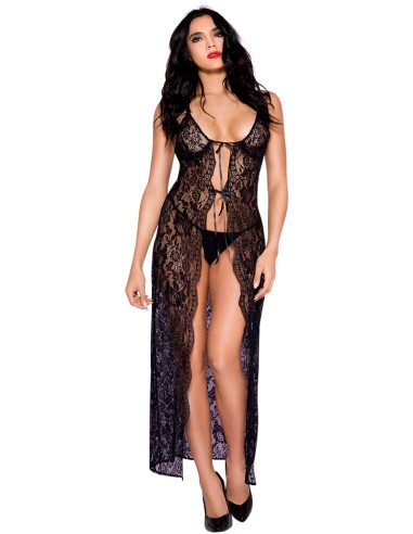 Long black negligee nightie open floral lace and thong - ML53009BLK