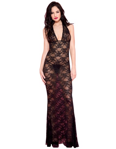 Long black nightie with floral lace neckline - ML53012BLK