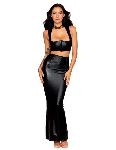 Black faux leather bra and long skirt set - DG13198BLK