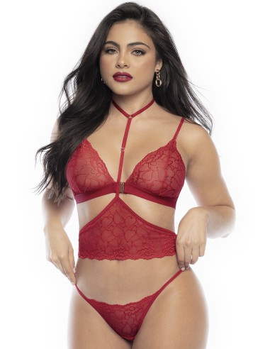 Driedelige lingerieset van rood kant bedrukt met hartjes - MAL8813RED