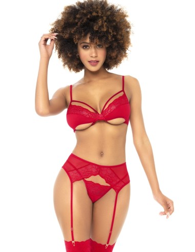 3-piece red set, bra, suspender belt and thong - MAL8726RED