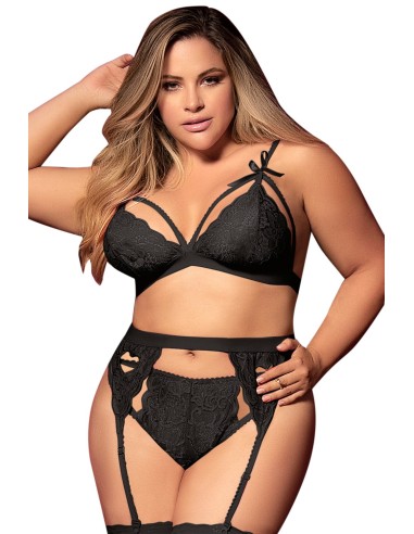 Ensemble 3 pièces noir grande taille  soutien-gorge string porte-jarretelles - MAL8221XBLK