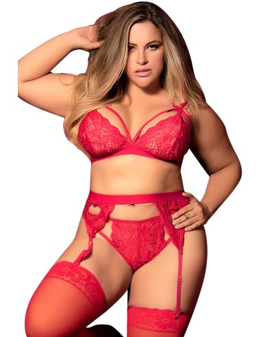 3 Piece Red Plus Size Bra Thong Garter Belt Set - MAL8221XRED