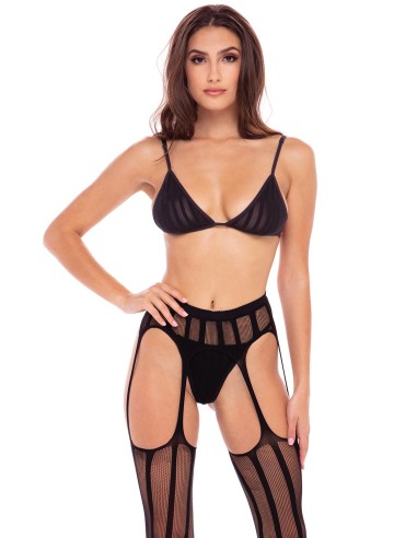 Ensemble 3 pièces soutien-gorge, porte jarretelles bas et string - REN7096-BLK