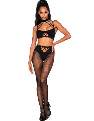 Two-piece set with strappy bralette and tights.- DG0390BLK