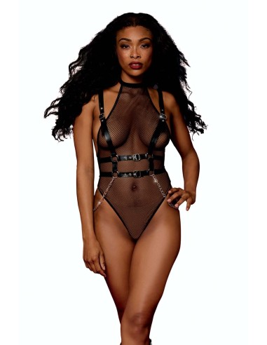 Visnet bodysuit met kunstleren harnas en kettingen - DG13291BLK