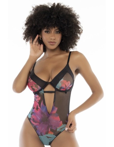 Zwarte bodysuit met exotische bloemenprint - MAL8774PRT