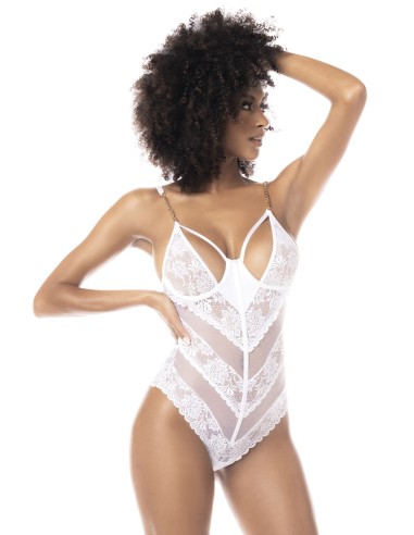 Body blanc sexy en dentelle et fine résille - MAL8741WHT