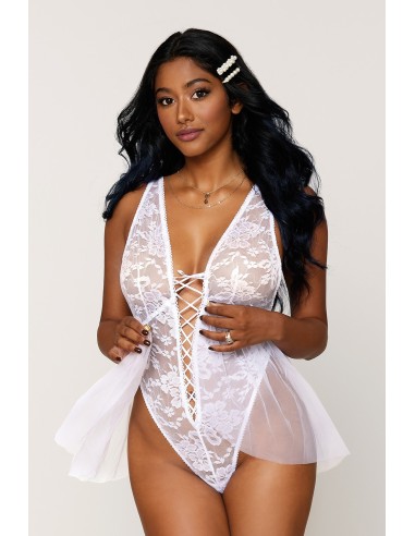 White lace bodysuit with removable tulle - DG12918WHT