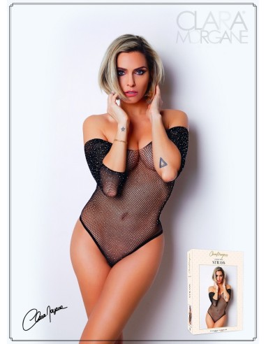 Black bodysuit with 3/4 sleeves - Le Numéro 2 - Strass Collection - CM98003