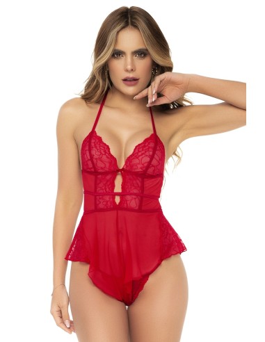 Red babydoll effect bodysuit and matching thong - MAL7445RED