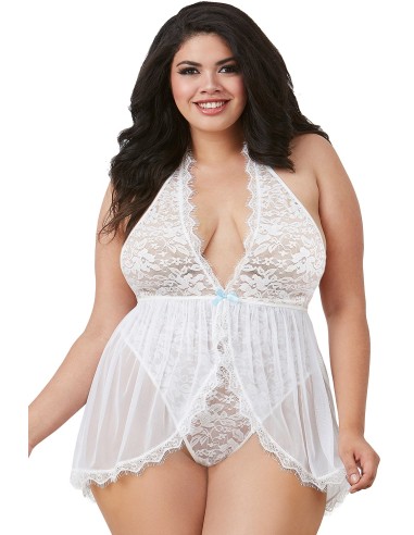 Body tanga blanco talla grande con escote abierto efecto babydoll - DG11513XWHT