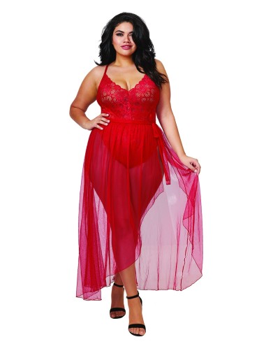 Red Plus Size High Cut Lace Thong Bodysuit with Removable Sheer Mesh Skirt - DG10996XRED