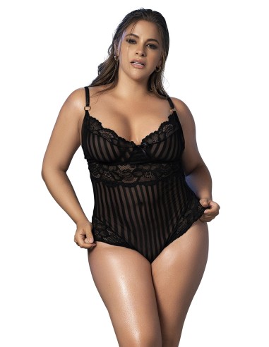 Zwarte kanten bodysuit, gestreept kant en fijn visnet - MAL8631XBLK