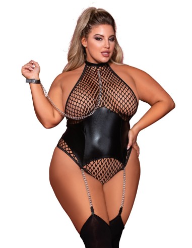 Body ancho de rejilla talla grande y liguero de piel sintética con cadenas - DG12495XBLK