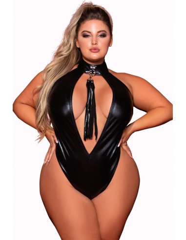 Plus Size Stretchy Faux Leather Bodysuit with Studded Collar and Whip - DG12450XBLK