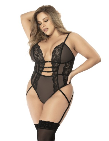 Body tanga talla grande en encaje negro transparente y rejilla - MAL8683XBLK