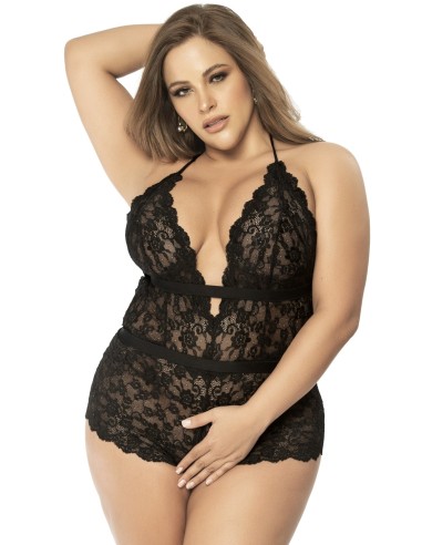 Grote maten zwarte bodysuit met open rug en bloemenkant - MAL8685XBLK