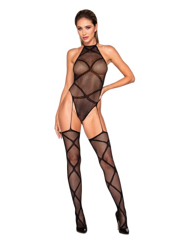 Zwarte visnet bodysuit met geïntegreerde jarretels - DG0385BLK