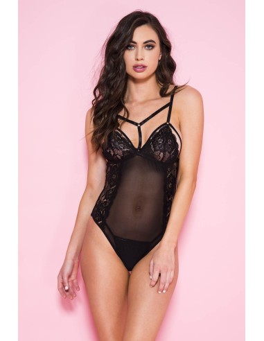 Sheer black bodysuit with lace - ML80077BLK