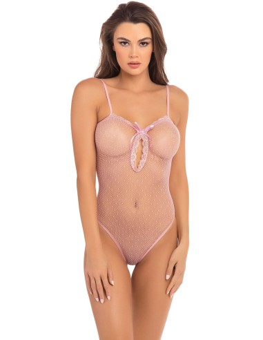 Pink high-cut bodysuit in fine fishnet - REN7089ROS