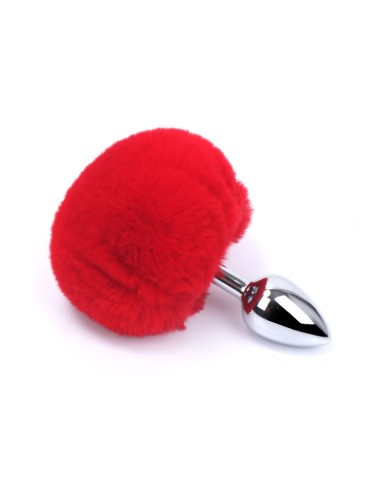 Aluminum anal plug with red pompom Size S - RY-001MPJ-018RED