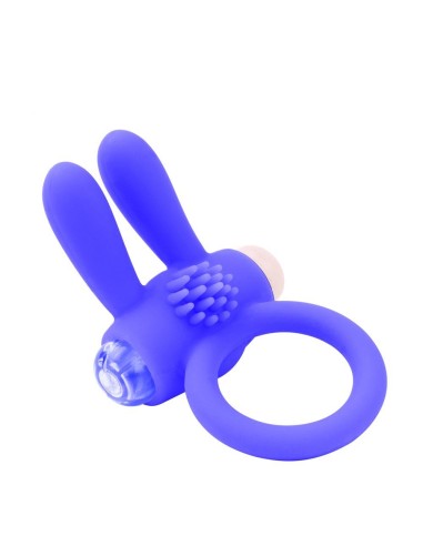 Anillo vibrador de silicona azul con orejas de conejo - COR-003BLU