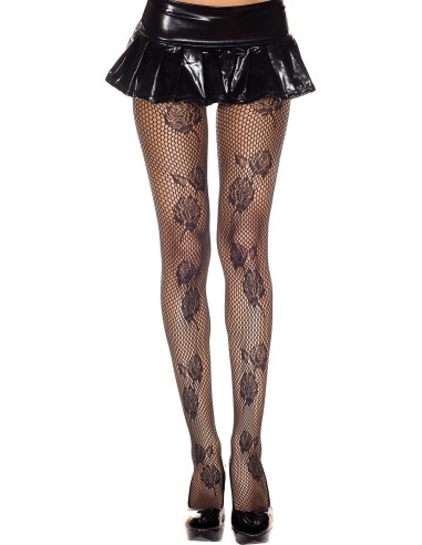 Zwarte visnetpanty met bloemmotief - MH50009BLK