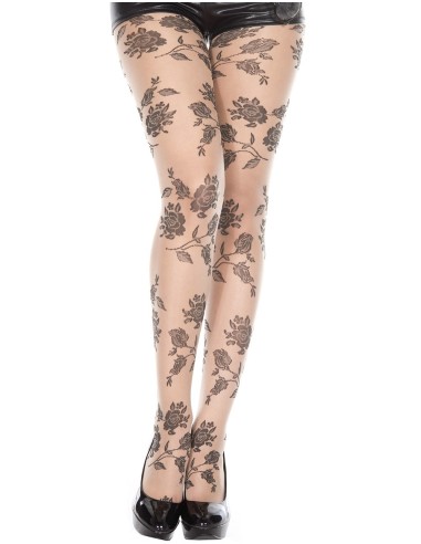 Fantasie panty van vlees en zwarte bloemen - MH7095NUB