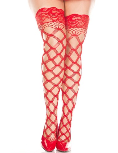 Large size net hold-up stockings with red diamond threads - MH45437XRED