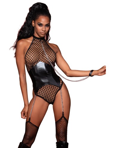 Bodysuit with large fishnet and faux leather suspender belt with chains - DG12495BLK