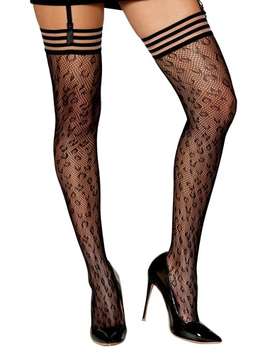 Leopard print fishnet stockings with black/transparent garters - DG0433BLK