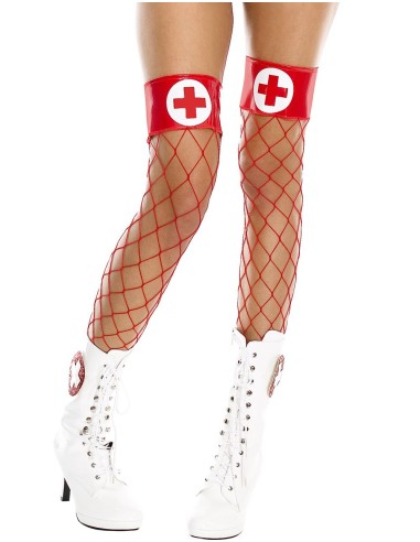 Red net stockings with shiny garters and nurse cross - MH4884REW