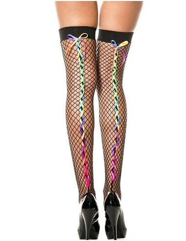 Black fishnet stockings with rainbow colored ribbons - MH4643BRA