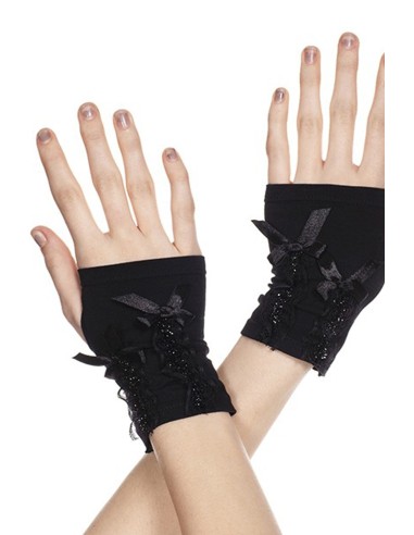 Black opaque satin bow mittens - ML485BLK