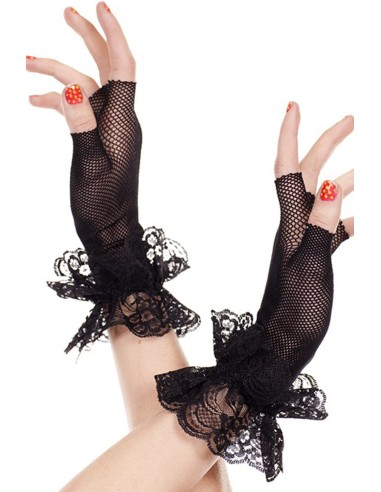 Black fine fishnet mittens with floral lace ruffles - ML462BLK