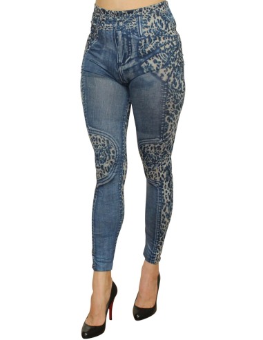 Legging bleu effet jean délavé imprimé léopard - FD1017